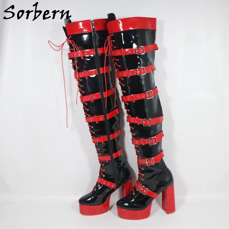 Sorbern Black Red Crotch Thigh High Boots Women Block Heels Platform Winter Style Cross Dresser Boot Unisex Custom