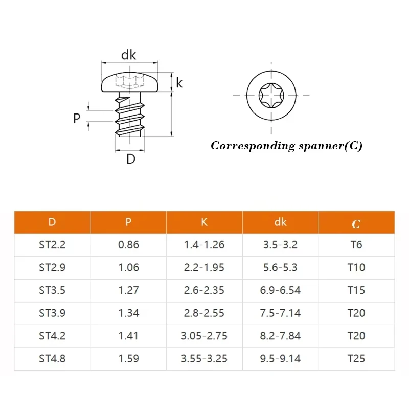 Torx Pan Head Tapping Screw for Plastic M2 M2.3 M2.6 M3 M3.5 M4 M5 Stainless Steel Round Six Lobe Self Tapping Screw