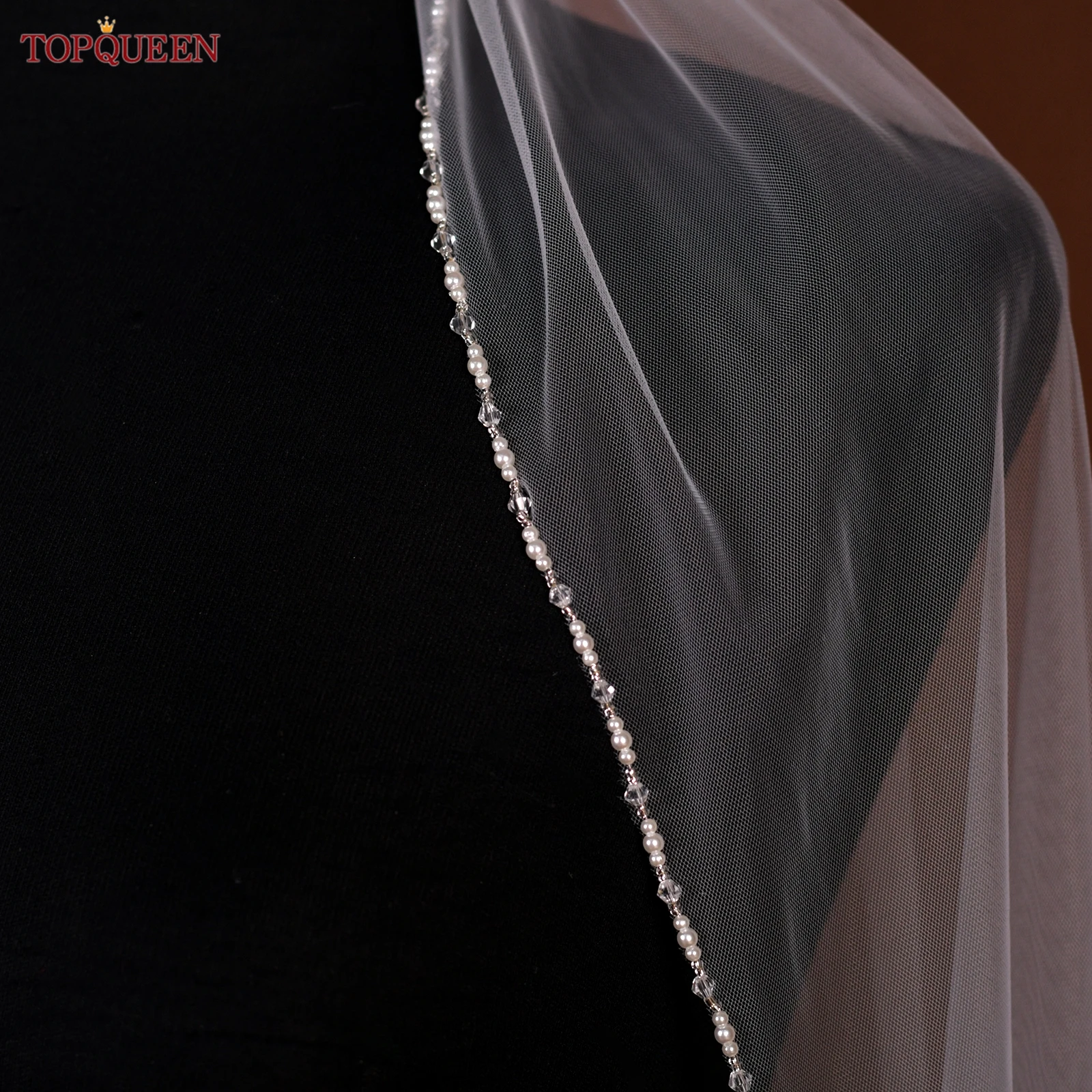 TOPQUEEN V107 Bridal Wedding Veil With Pearl Crystal Beads Crystal Beads Bridal Veil Wedding Crystal Beads Shiny Customizable image 4