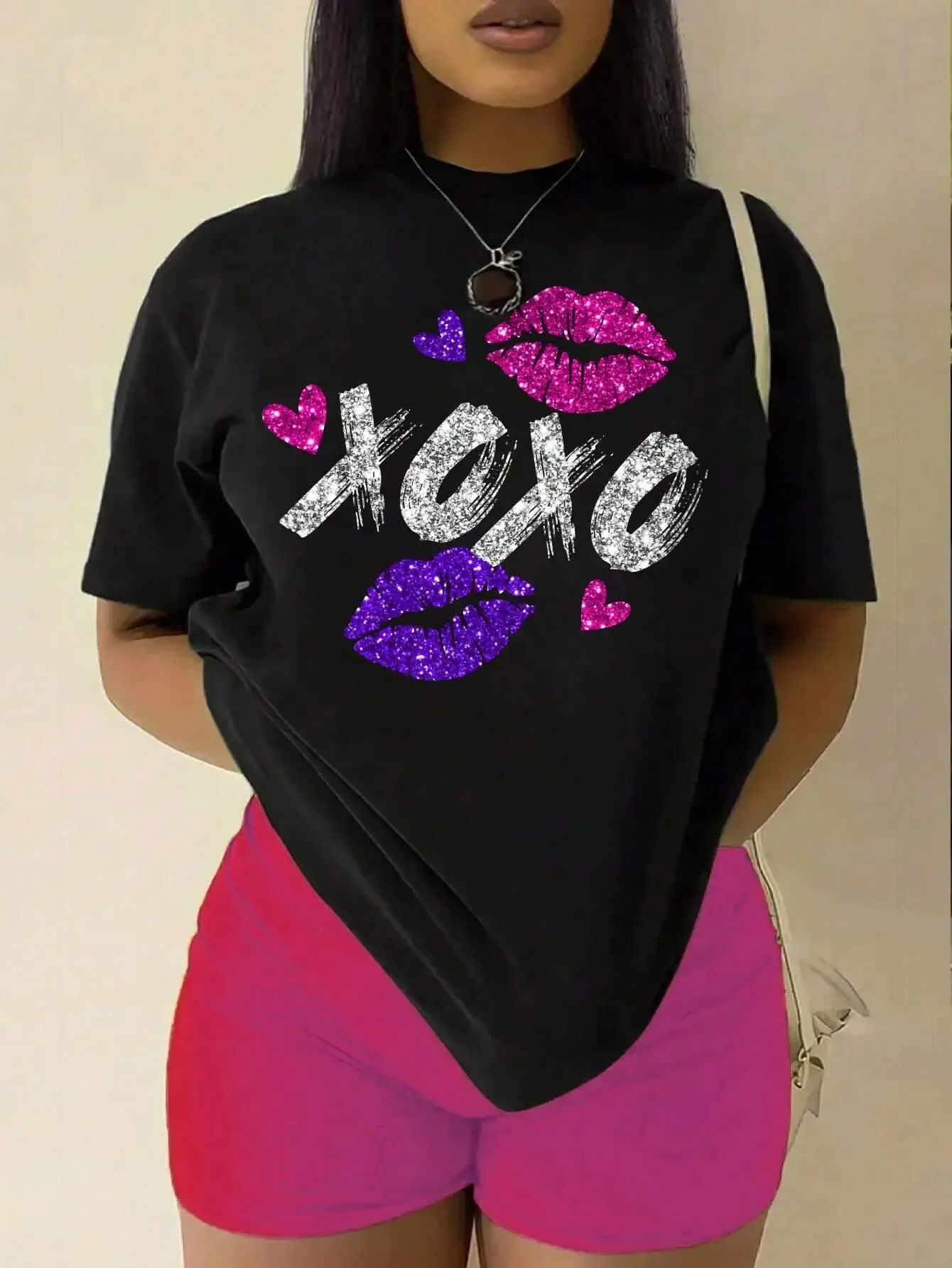 Xoxo Pink And Purple Lips Print Women Tshirt Brand Summer T Shirt Casual Oversized Street Tee Clothes Street Cotton Top Tees