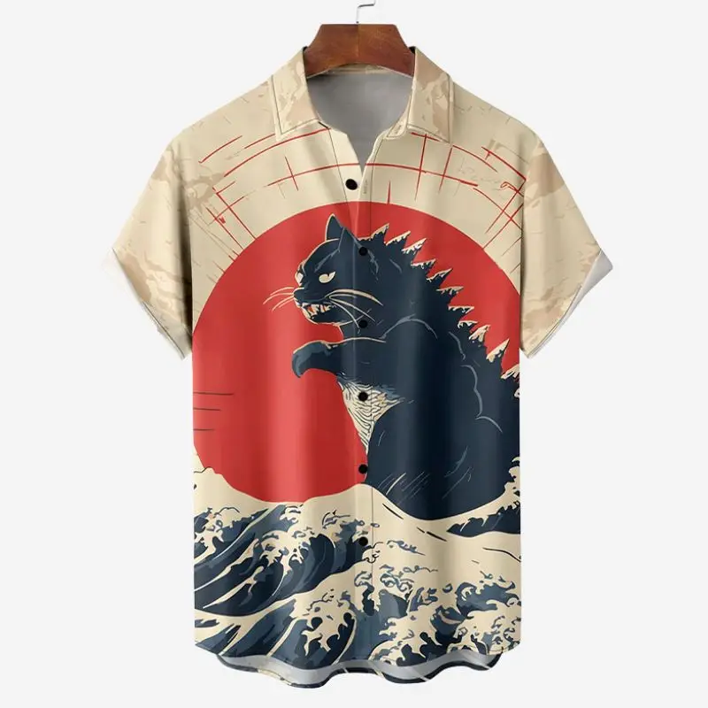 Camisa de praia de manga curta retro masculina verão casual ukiyoe gatinho pesca tubarão impressão camisas havaianas lapela masculina aloha camisa