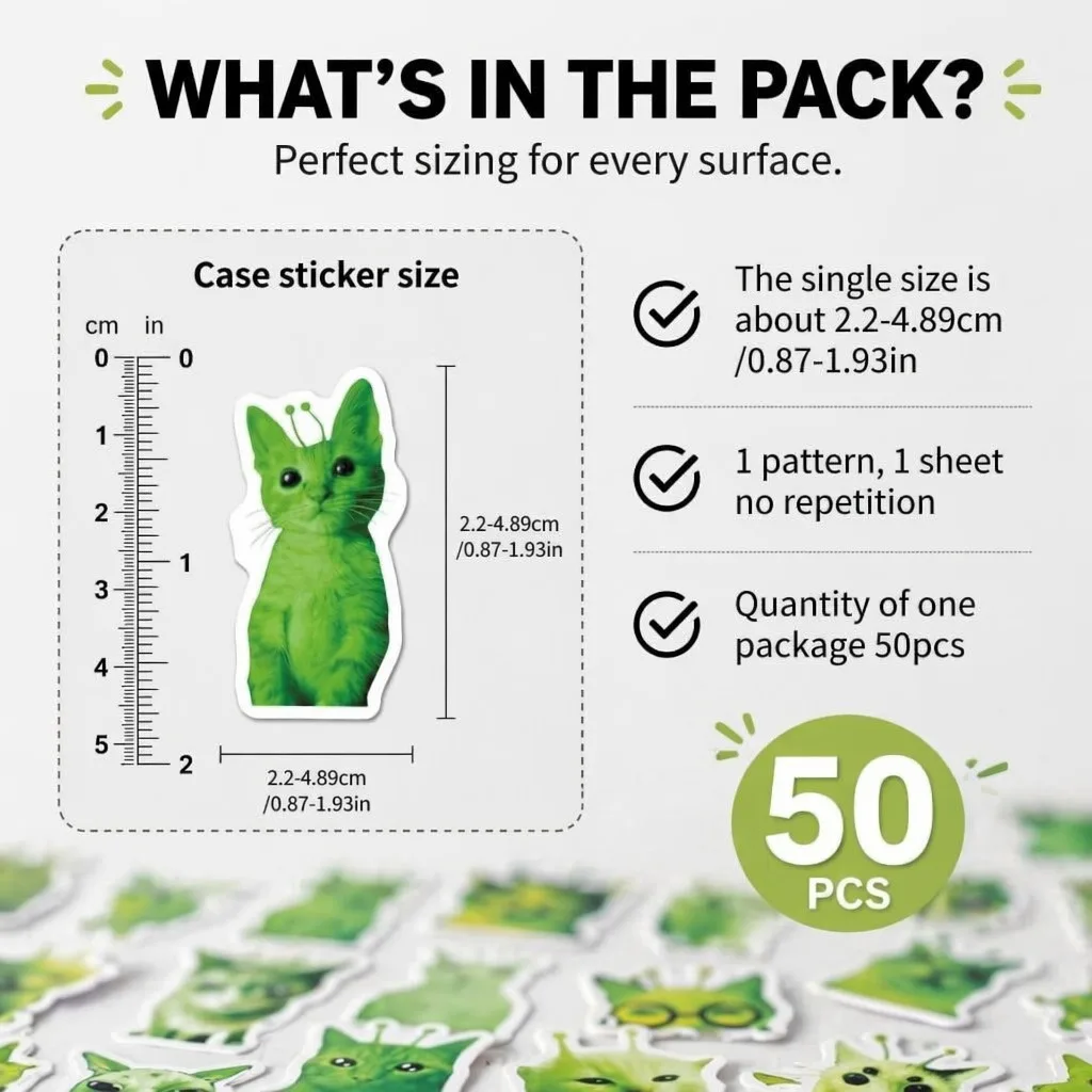 50Pcs Alien Cat Stickers Pack Green Weird Cat Decals for Laptop Water Bottle Scrapbook Journal DIY Decor Stickers
