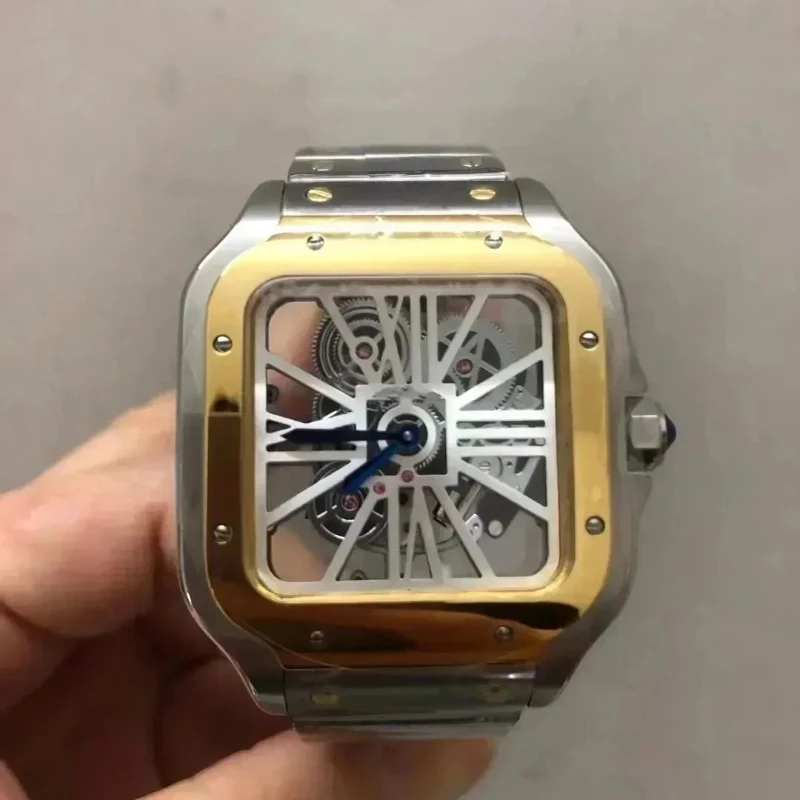 2025 ساعة كوارتز مجوفة جديدة للرجال من الفولاذ المقاوم للصدأ باللون الذهبي الوردي ساعة يد جلدية مربعة باللون الأصفر