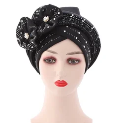 Flowers Sparkling Diamonds Bonnets for Women Already Made Auto Gele Hijab Aso Oke Headtie Scarf Headwraps Turban Hat for African