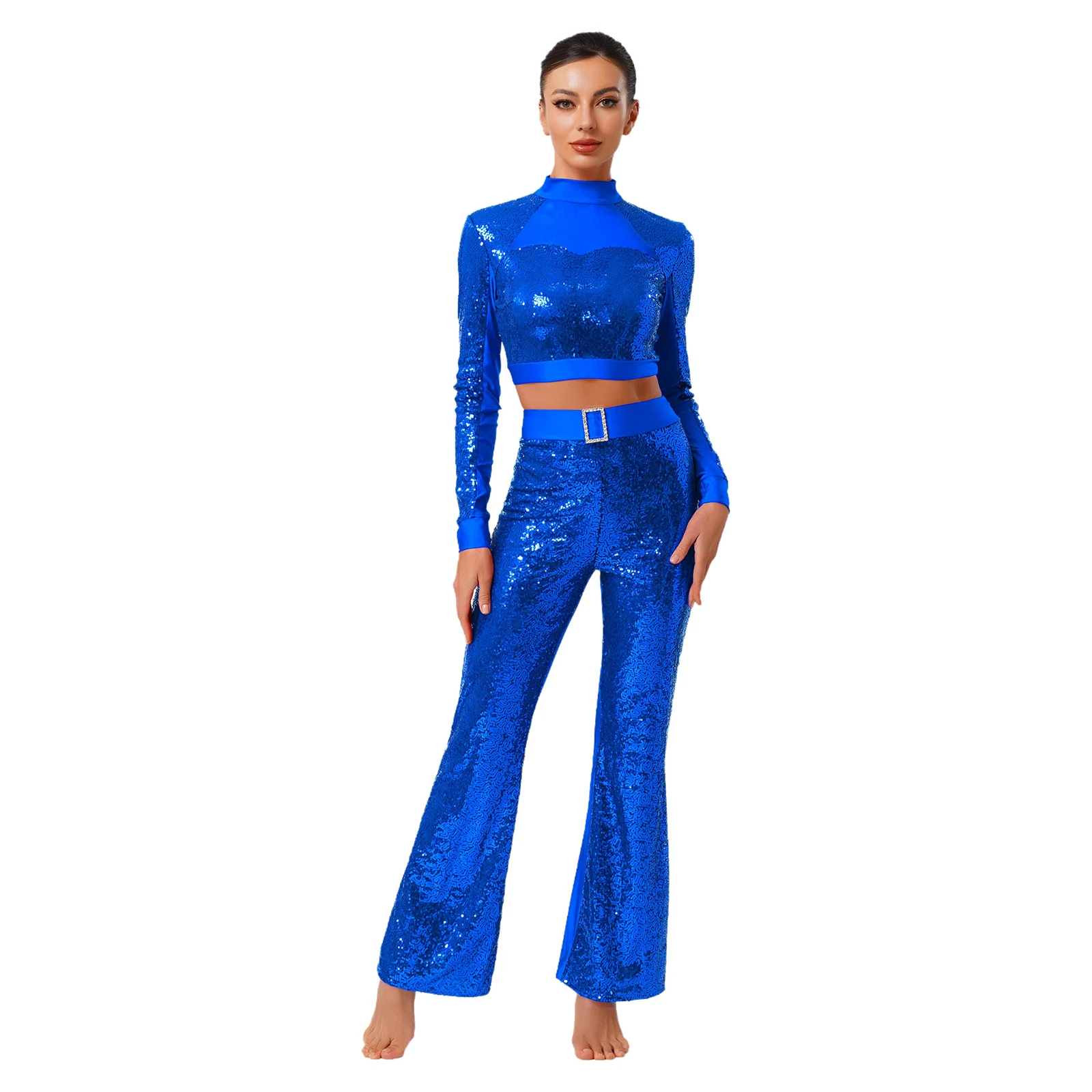 

Womens Sequined Jazz Costume Long Sleeve Crop Tops And High Waist Flared Pants 2-piece Dancewear Suit for Latin Rock Music Stage