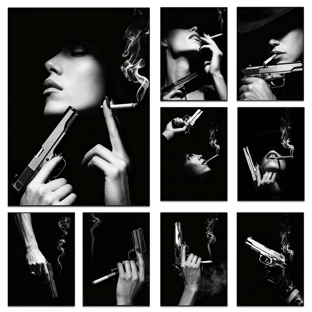 Frameless canvas paintings,Black And White Print Sexy Woman Poster For Office Living Room Wall Art Smoking Woman With Gun Canvas