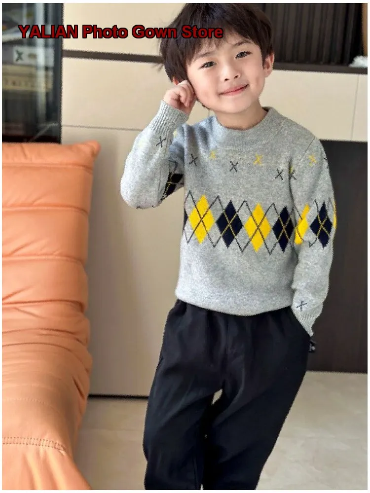 Boys Pullover Sweater Kids Autumn Winter Knit Top Gray Geometric Pattern Double-Layered Thickened Stylish Older Kids