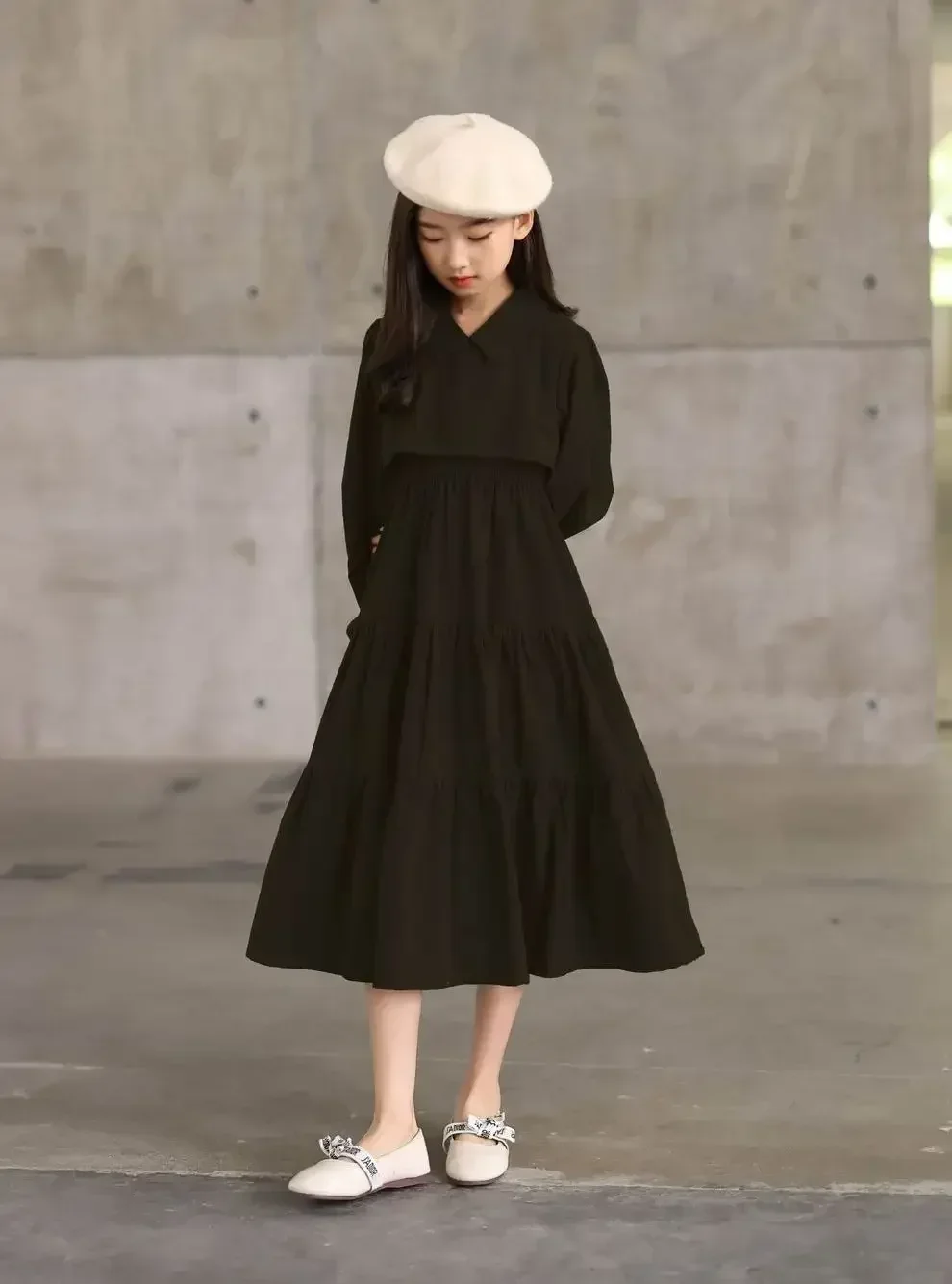 2024 Spring Teen Girls Elegant Long Shirt Dress Sleeve Black Cotton Party Muslim Clothes 8 10 12 13 14 Years Girls Clothes