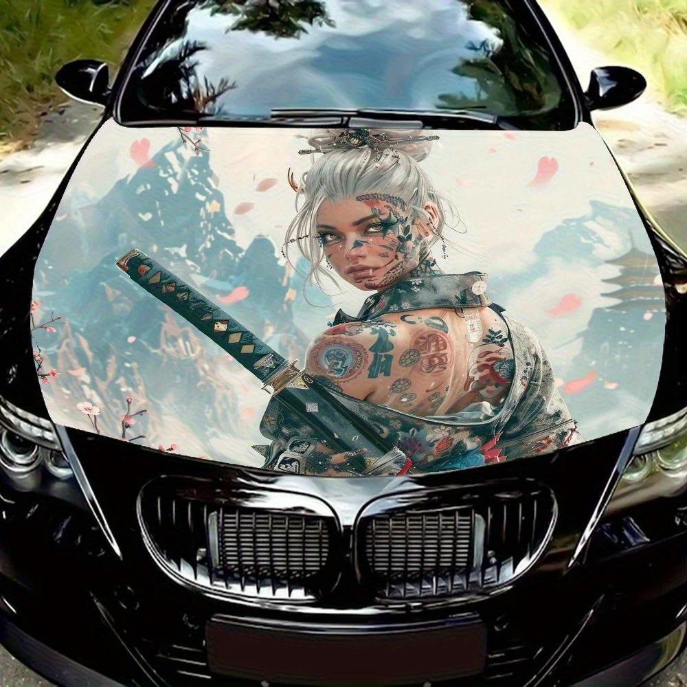 

Silver-haired Japanese Samurai Car Vinyl Wrap - Stunning Engine Hood Decal, Splash-Resistant PVC, Easy Removal, Fit For Cars, Se