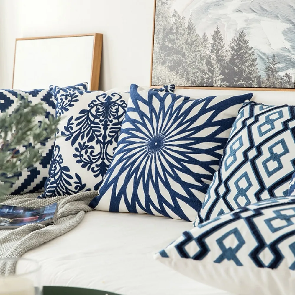 CIFBUY Navy Blue White Geometric Floral Embroidered Cushion Cover 45x45cm Cotton Canvas Decorative Throw Pillow Case for Home