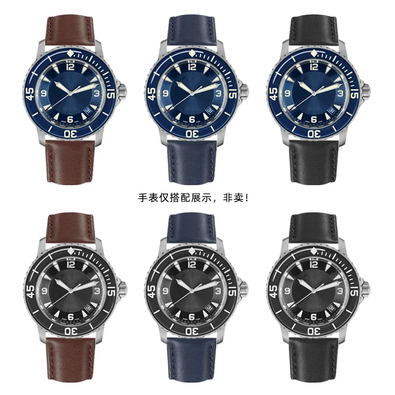 For Blancpain 50 Fathoms 5000 5015 5050 5200 series High Quality genuine leather watch strap 23mm for men butterfly buckle