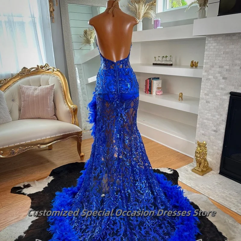 Luxurious Blue Feathers Long Mermaid Prom Gowns O Neck Sequined Birthday Party Gala Sexy Evening Dress For women 2025 Customized