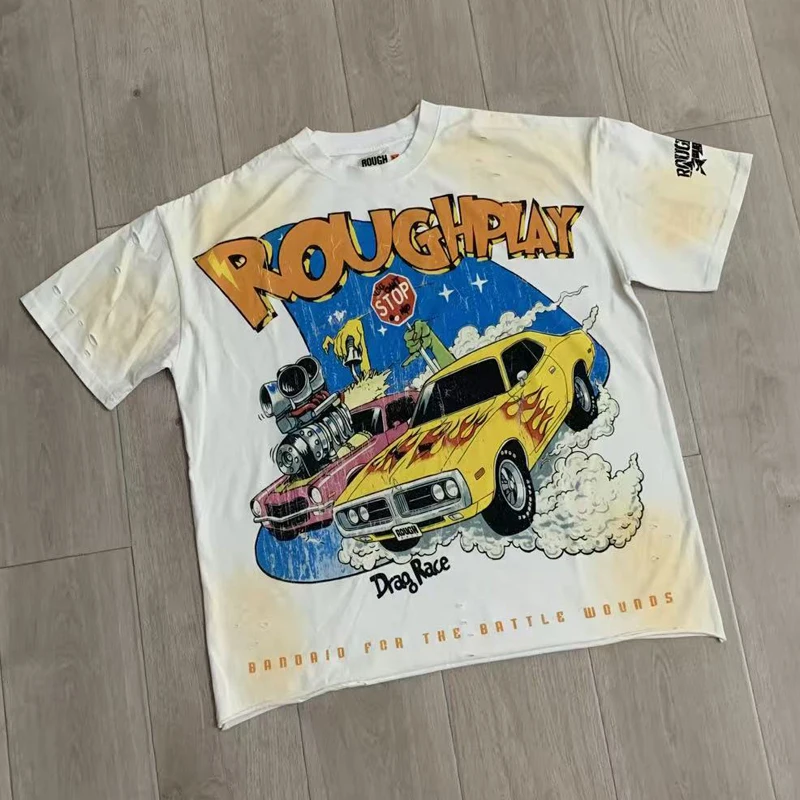 Street Trend Men's Women's Loose Rough Play Short Sleeved Tops Summer Retro Vintage Inkjet Double-sided Printed Fashion T-shirts
