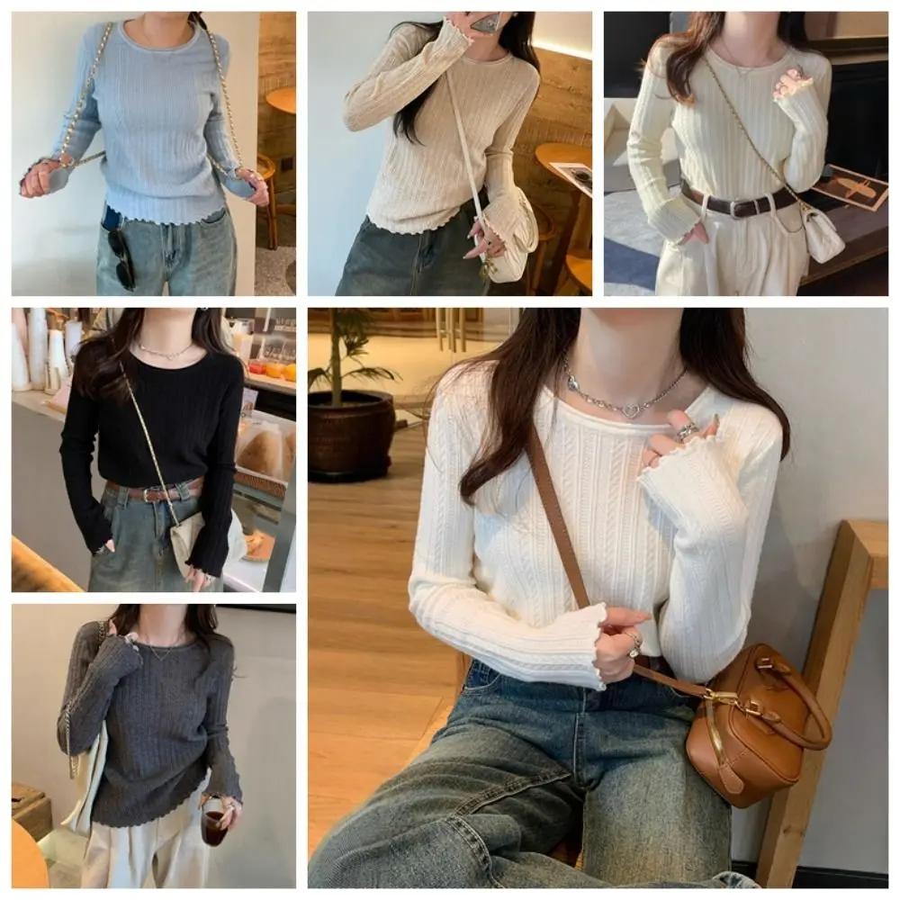 Ruffled Edge Long Sleeved Knitwear Slim Fit Bottoming Shirt Sweater Top Pullover Spring Autumn Winter Knitted Top for Women Fall
