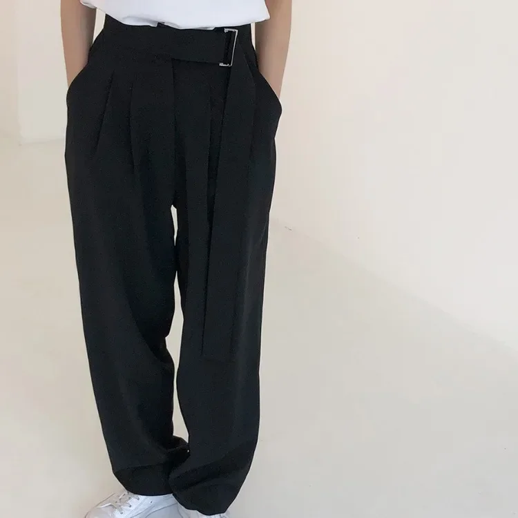 Pantalones de pierna ancha de cintura alta para mujer, pantalones largos sólidos sueltos con fajas, traje que combina con todo, ropa de calle informal, Otoño e Invierno