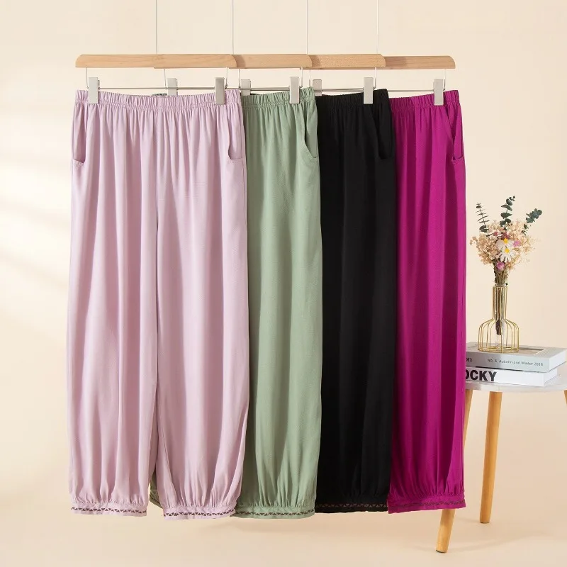 

Women's Soft Viscose Twill Loose Harem Ankle Pants, Breathable Loungewear with Elastic Waist, Pockets & Delicate Lace Trim.
