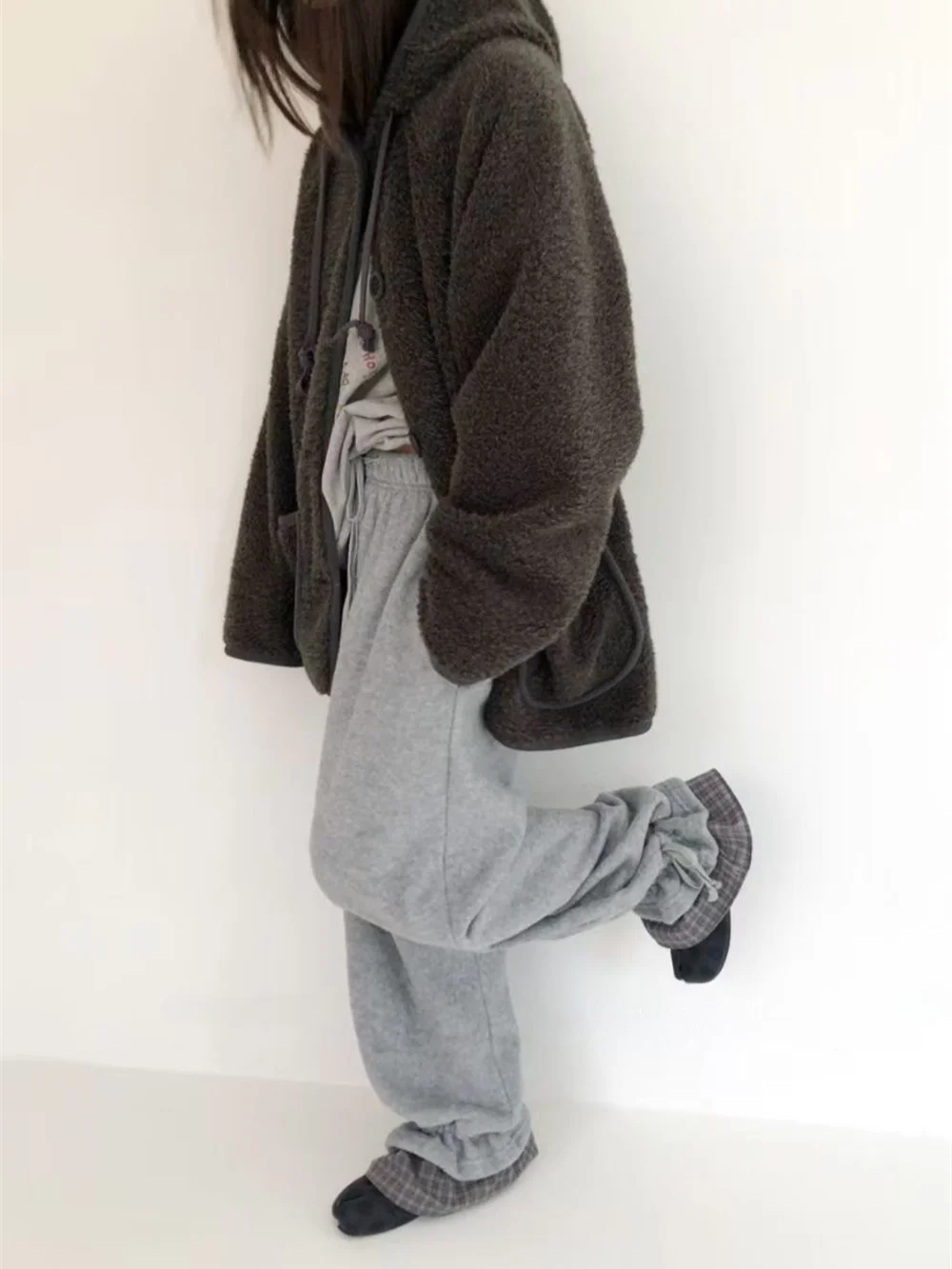 Warm Fluffy Casual Pants Women's High Waist Elastic Straight Leg Pure Color Bordered Comfortable Autumn Winter Fashionable