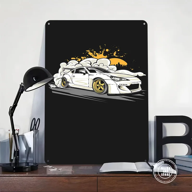 White Car Drifting With Golden Rims Tinplate Poster Customized Wall Art Vintage Metal Signs Retro Tin Plaque for Room Ornaments