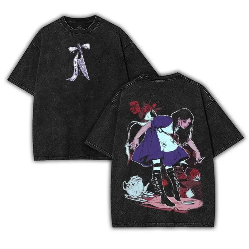 

Alice Madness Returns Horror Game Washed Tshirt unisex graphic game movie Gaming Top graphic t-shirts print back fan gamer Fabri