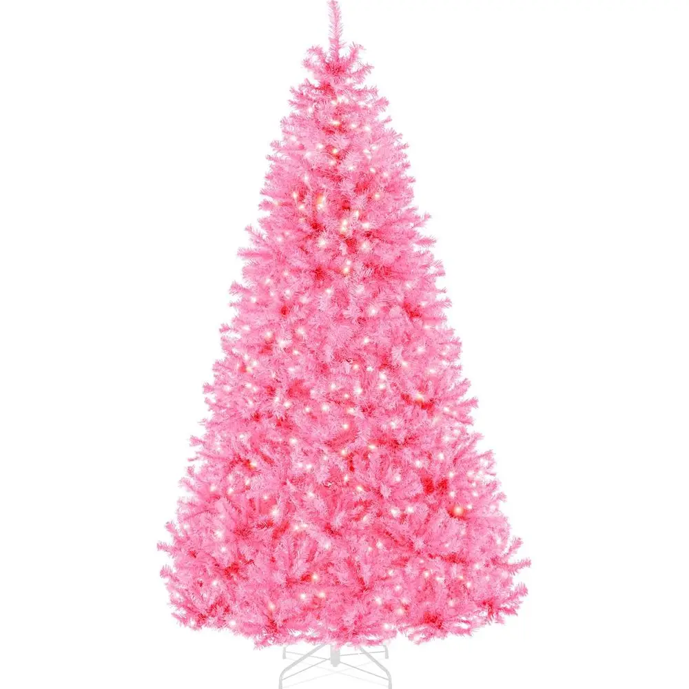 

9ft Pre-Lit Pink Artificial Christmas Tree with 2000 Branch Tips, 900 Lights, Metal Hinges, Foldable Base for Home and Office