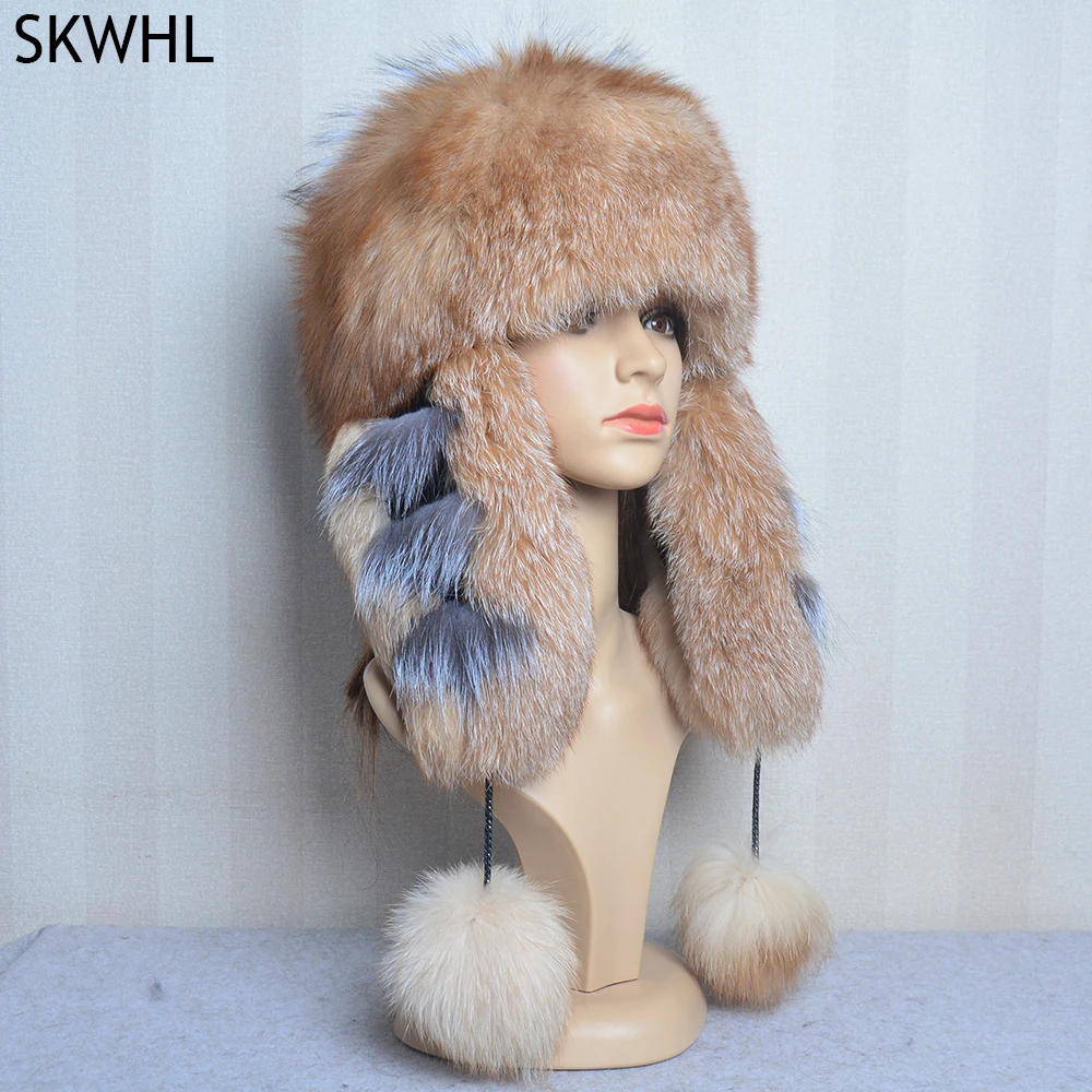 

Hot Sale Women Real Fur Bomber Hats Lady Winter Warm Luxury 100% Natural Fox Fur Hat Fashion Fluffy Fox Fur Rex Rabbit Fur Caps