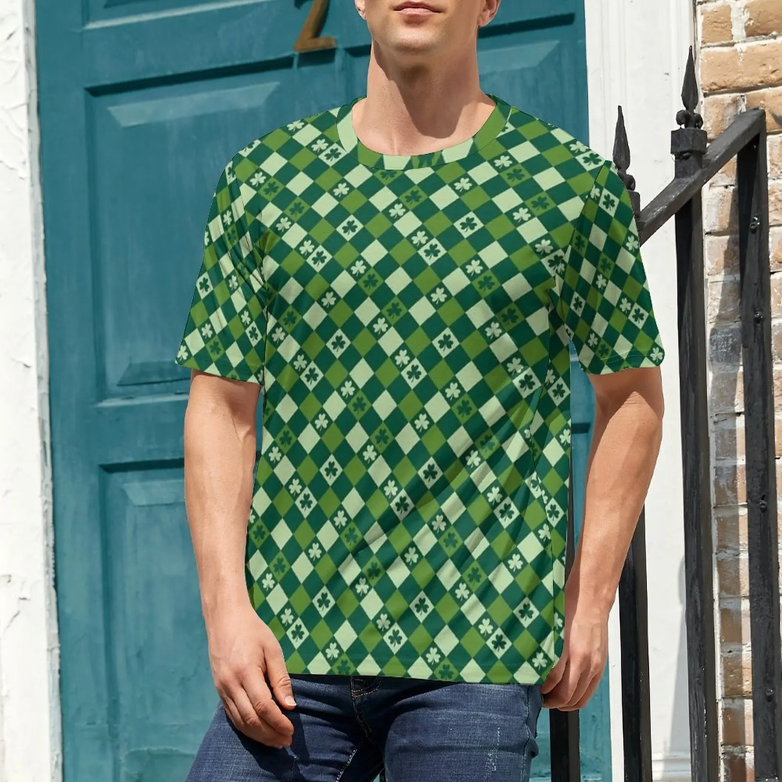 Clover Checkered Pattern T-Shirt  Harajuku T Shirts Men Y2K Fun Tee Shirt Summer Short Sleeve Pattern Top Tees Plus Size 4XL 5XL
