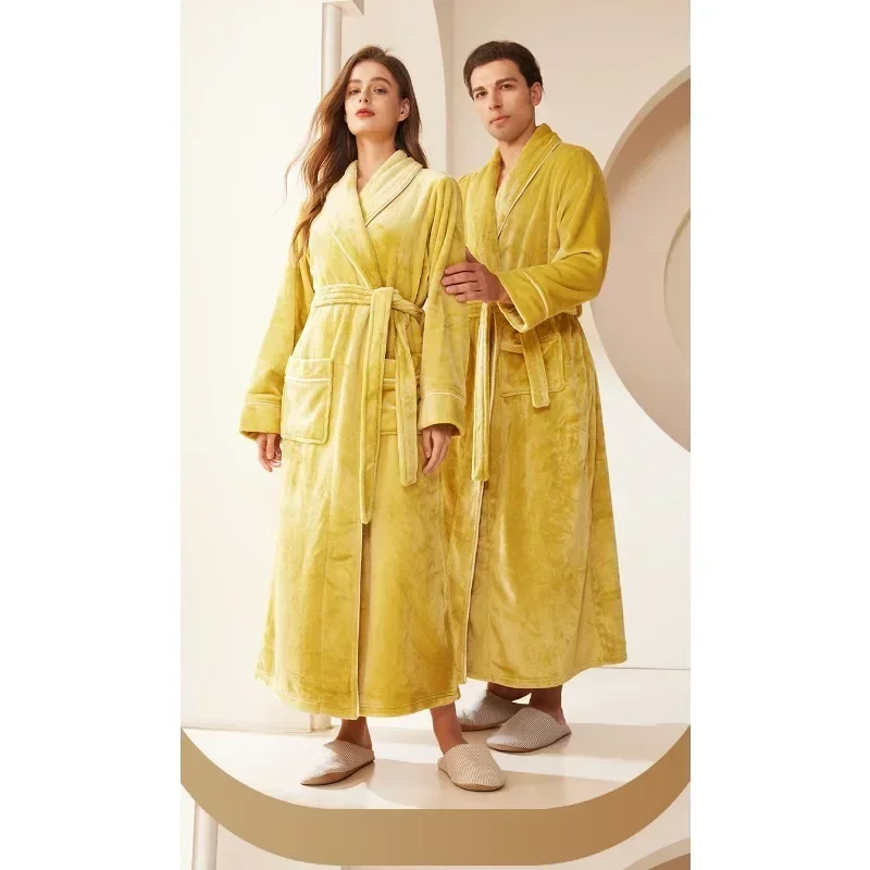 Extended Sleeping Robes for Men and Women Autumn/Winter 2024 Coral Velvet Men\'s Thickened Winter Couple Flannel Pajamas Bathrobe