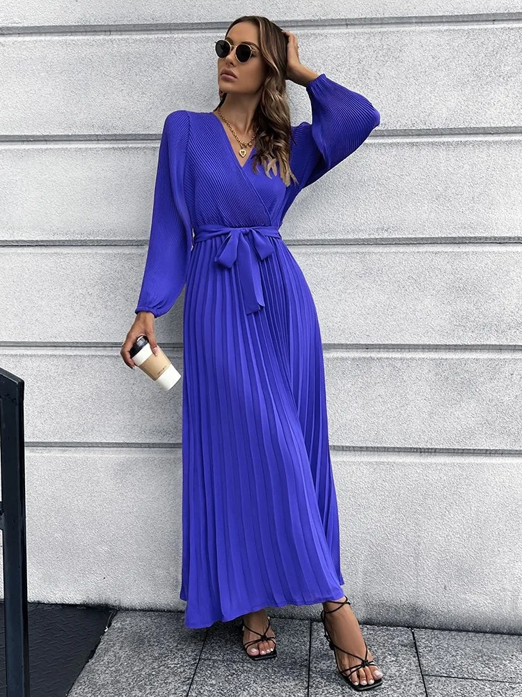 

Women's Deep-V Neck Classical Bow Belt Vintage Casual Swing Dress