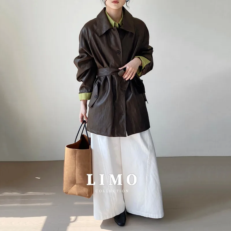 

LIMO 2025 New Retro PU Leather Jacket Women's Belted Trench Coat for Autumn Winter Fashion Outerwear Vintage Chic Street Style