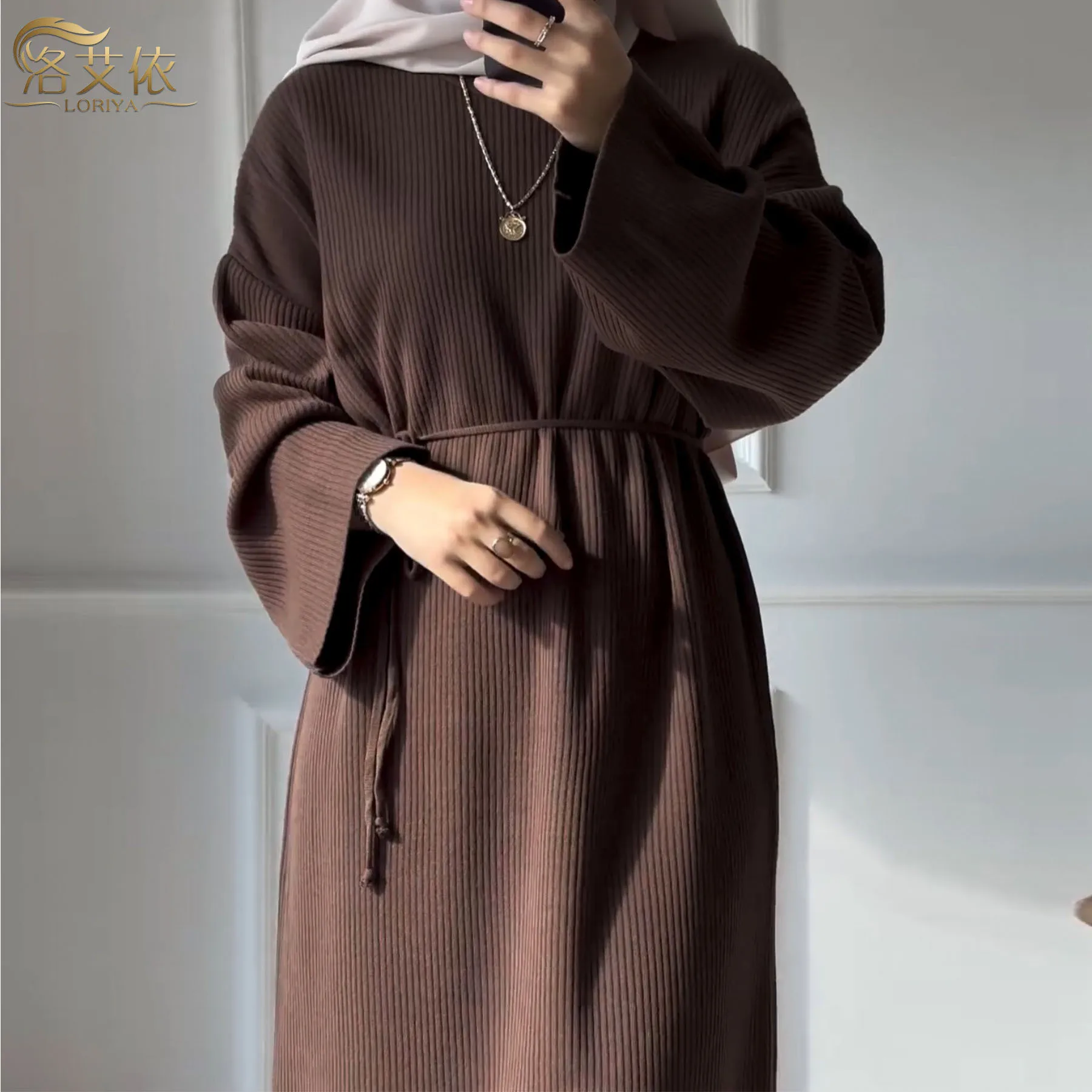 

F25 MIZON new Solid Loose Knit Dress with Long Length Cotton Knit Dress for Women Elegance Solid color Dress with pocket belt