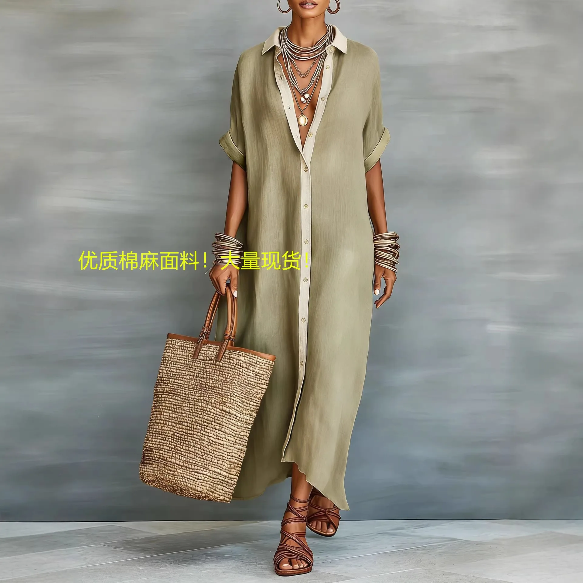 

2026 Spring Turn-down Collar Button Shirt Dress Woman Casual Patchwork Loose Long Dress Summer Short Sleeve Beach Vacation Dress