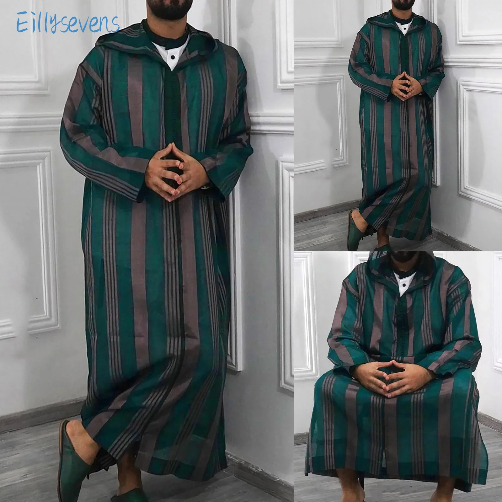 Robe musulmane rayée à capuche avec fermeture éclair pour hommes, patchwork arabe islamique, streetwear décontracté, automne