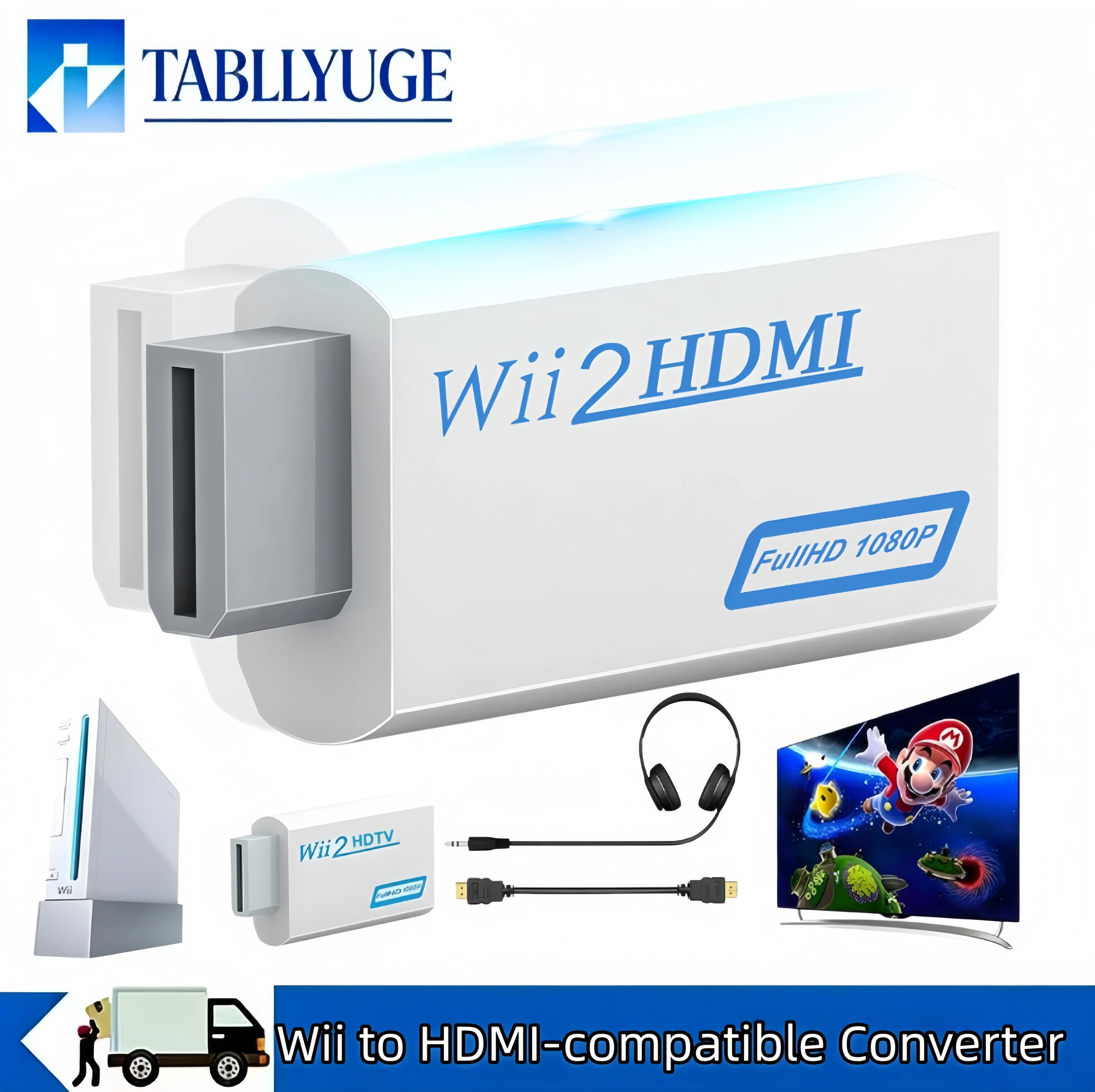 Wii to HDMI-compatible Converter 1080P Upscaling Adapter with 3.5mm Audio Jack for Wii Console HDTV Monitor Projector