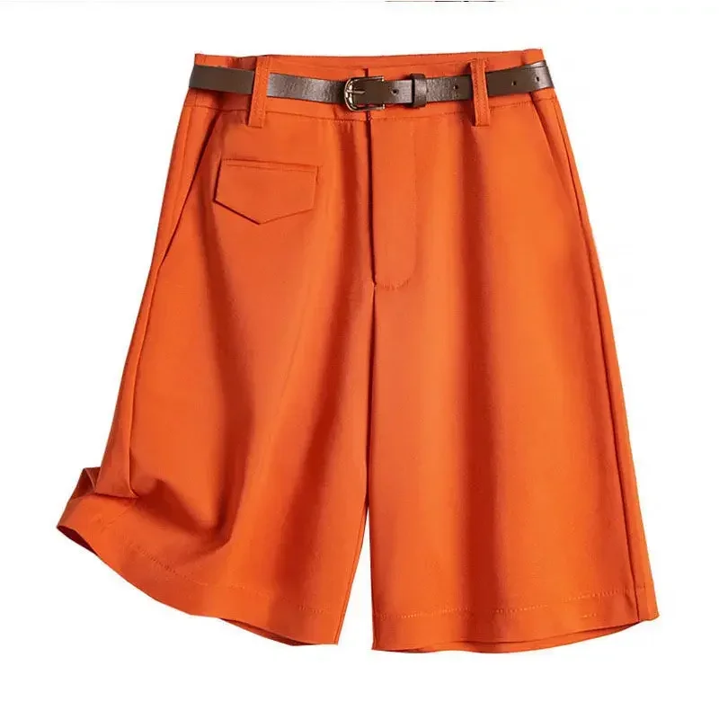 Women's Summer Shorts Casual High Waist Short Pants Female Solid Color Orange Button Fly Loose Bermuda Shorts for Women