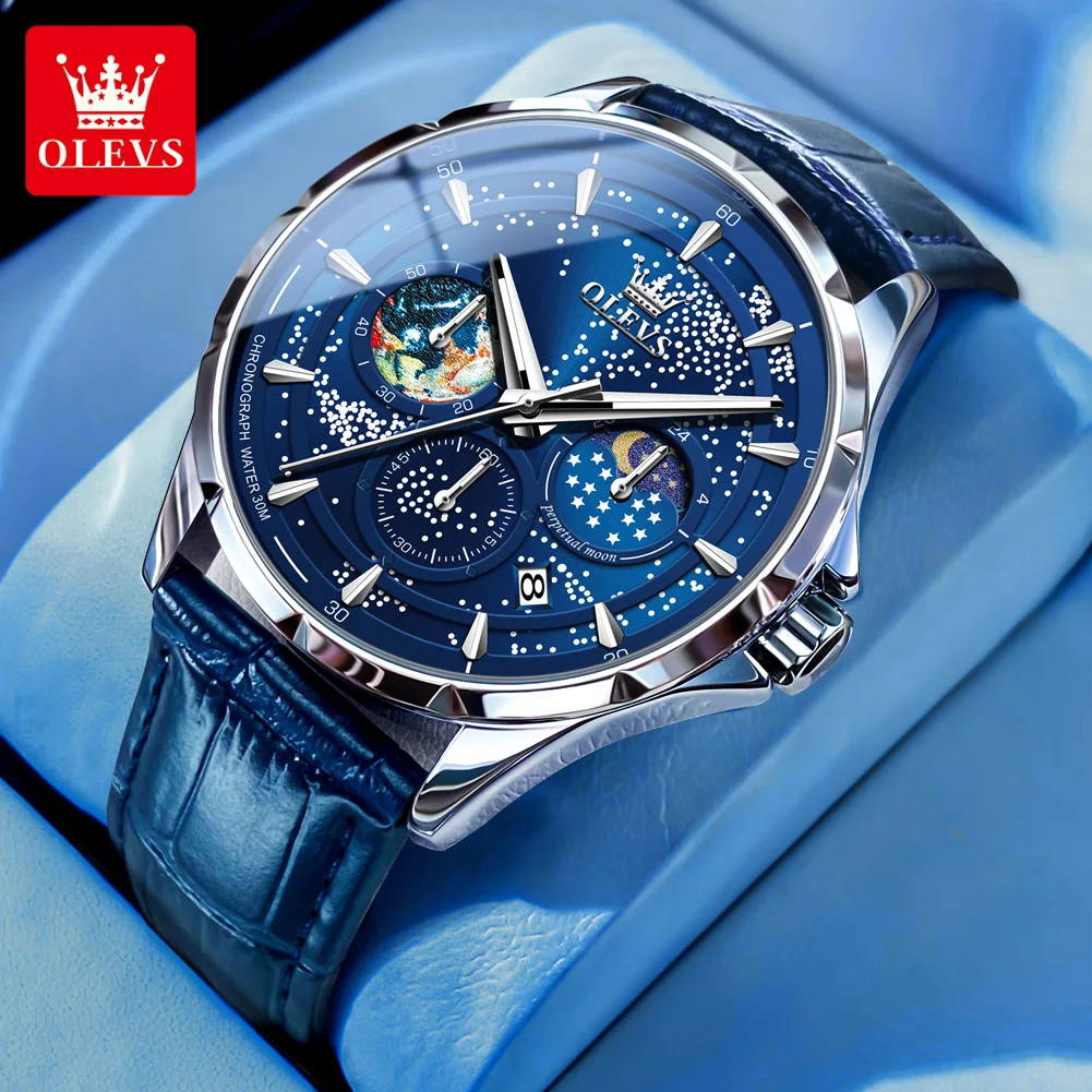 OLEVS Brand New Fashion Starry Sky Dial Moon Phase Quartz Watch for Men Leather Waterproof Luminous Chronograph Watches Mens