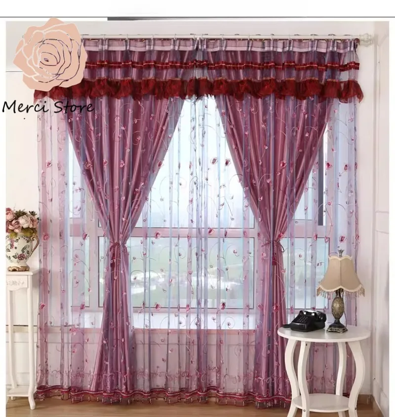 

Purple Embroidered Double Layer Korean Pastoral Curtain for Living Room Custom Bedroom Balcony Window Fabric Decorative Finished