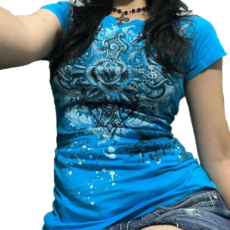 

2025 European and American Summer New Slimming Punk Hip Hop Gothic Subculture Y2K Printed Pattern Short Sleeve Spicy Girl Sexy