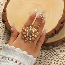 Luxury Exaggerated Pearl Chunky Adjustable Wedding Rings for Women Girls Chic Big Rose Flower Finger Rings Fashion Party Jewelry