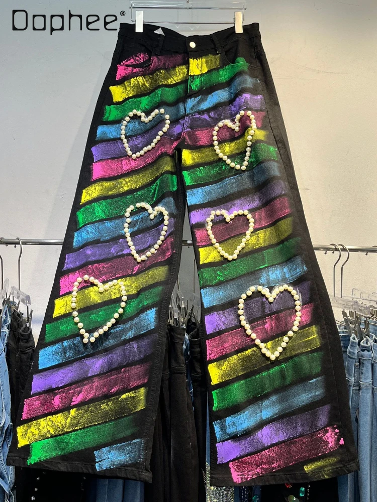 

Design Sense Painted Heavy Industry Love Beads Pants High Street Jeans Women Retro Nostalgic Fashion Baggy Pants Street Hipster