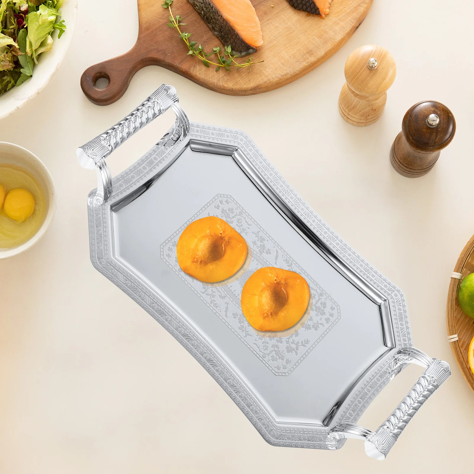 

Stainless Steel Serving Tray Pastry Server Metal Fruit Coffee Table Restaurant Platter Decorative Plate Dessert Snack Organizer