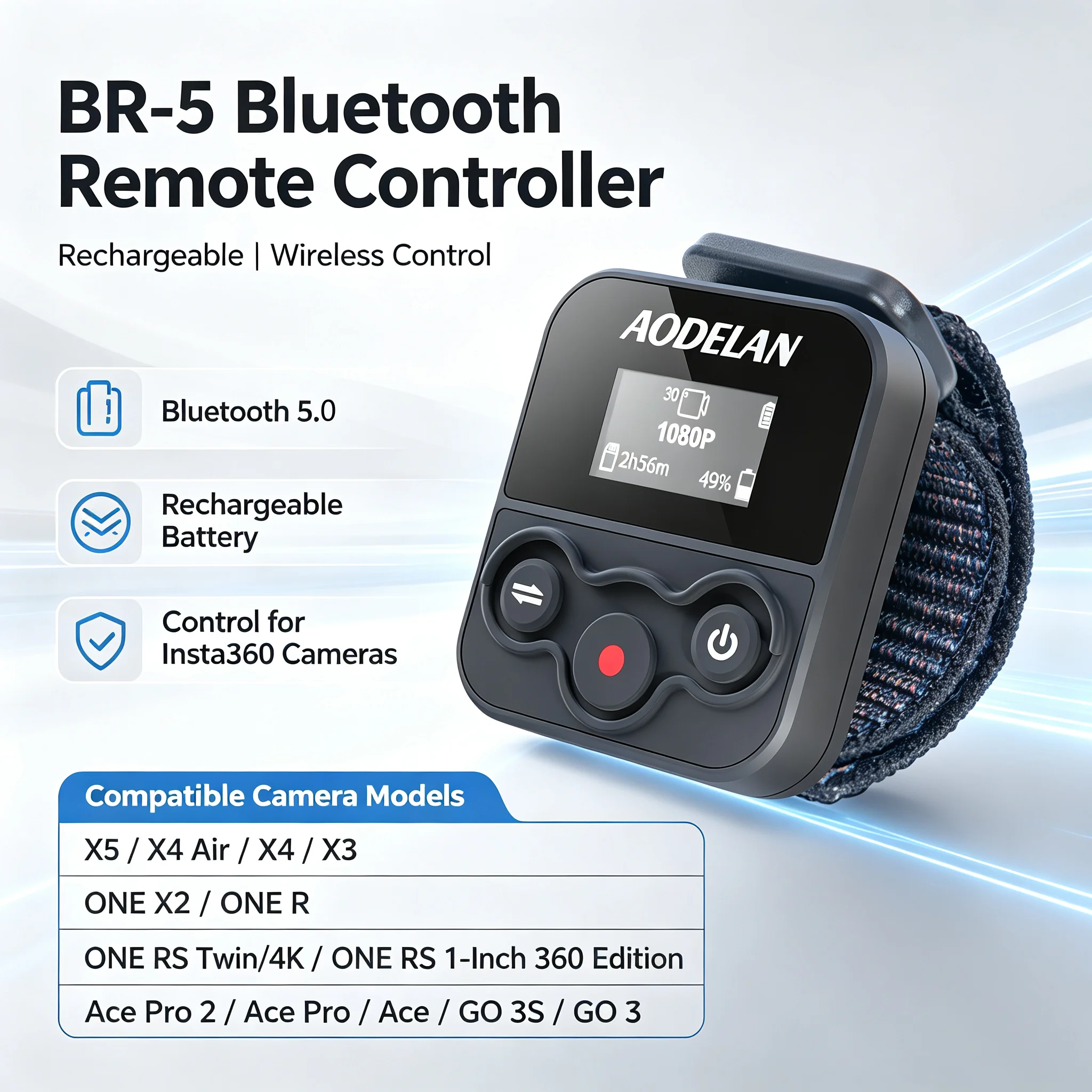 BR5 Bluetooth Remote Control For Insta360 Action Cameras X5,  X4 Air,  X4,  X3, Ace Pro 2,  Ace Pro, Ace; GO 3S, GO 3, ONE X2 /R