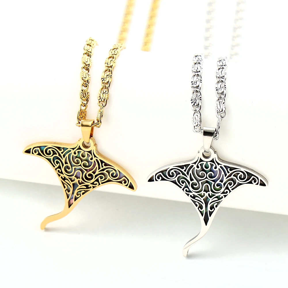 Manta Ray Sea Devil Fish Abalone Shell Pendant Necklace For Women Men Stainless Steel Gold Color Ocean Animal Chain Jewelry