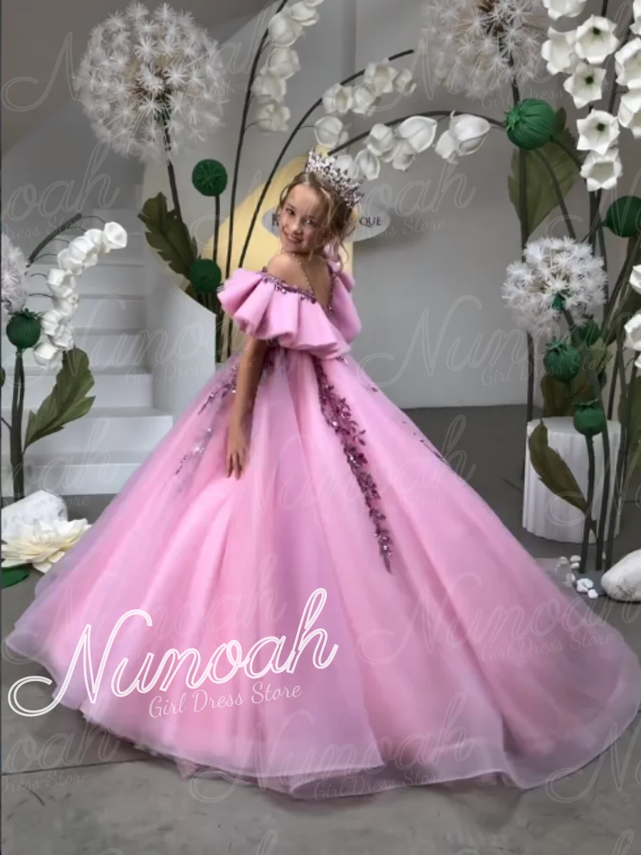 Pink Flower Girl Dress For Wedding Lace Appliques Backless Floor Length Girl Birthday Party Ball First Communion Gown Customized