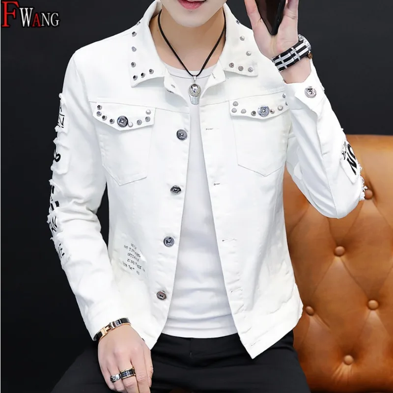 

Young Men's Rivet Jacket Spring Autumn New Casual Denim Top Single Breasted Fashion Slim Washed Retro Letter Break Hole Men Coat