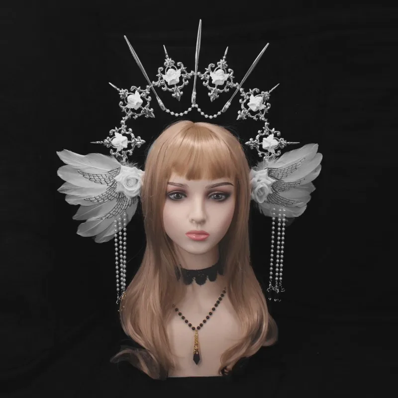 Corona de Halo de la Virgen María, tocado de Lolita KC, alas de plumas de Ángel, diadema de diosa de Halo, Tiara barroca, accesorios para el cabello