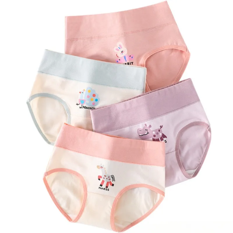 4PCS Girls High Waisted Panties Kids Cotton Antibacterial Knickers Cute Print Soft Comfort Underwears 3+y Young Children Clothes