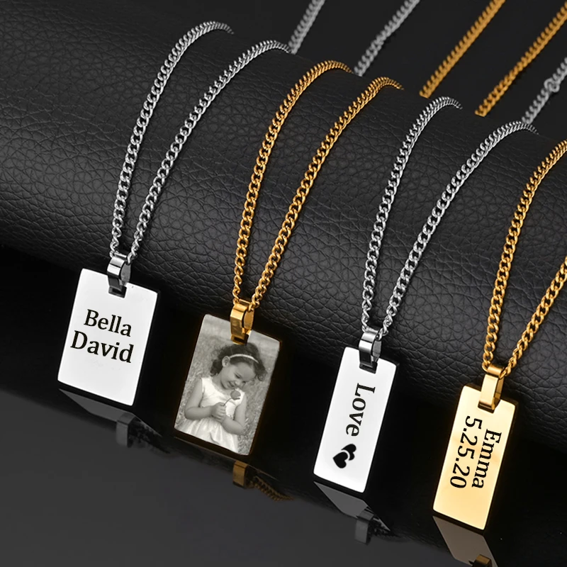 Treebud Custom Engrave Photo Rectangle Pendant Necklace Stainless Steel Laser Engraved Logol Text Picture Choker Jewelry Gifts