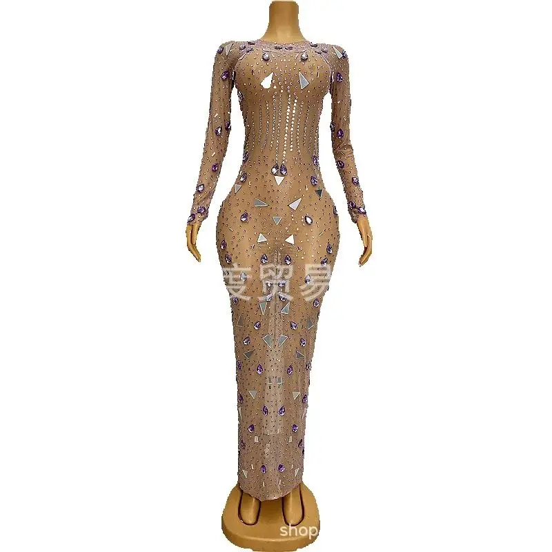 Lens Crystal DJ Reception Glam Perspective Mesh Birthday Dress Night Party Dress Purple Gold Fragments robe soirée femme mariage