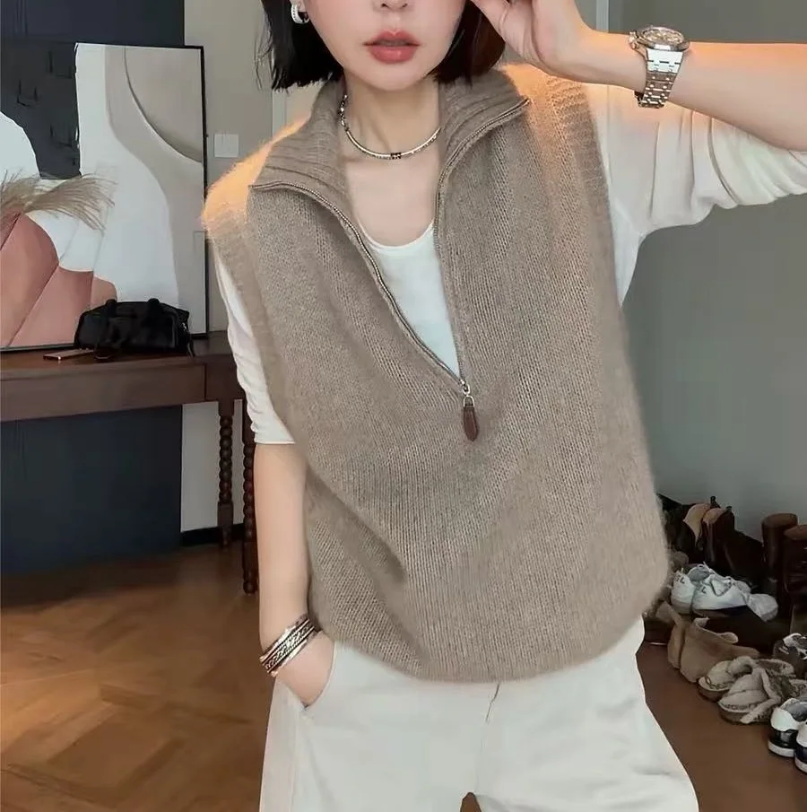 Autumn and winter thickened 100% pure wool sweater high collar half zipper knitted vest women's gray layering versatile outer ve