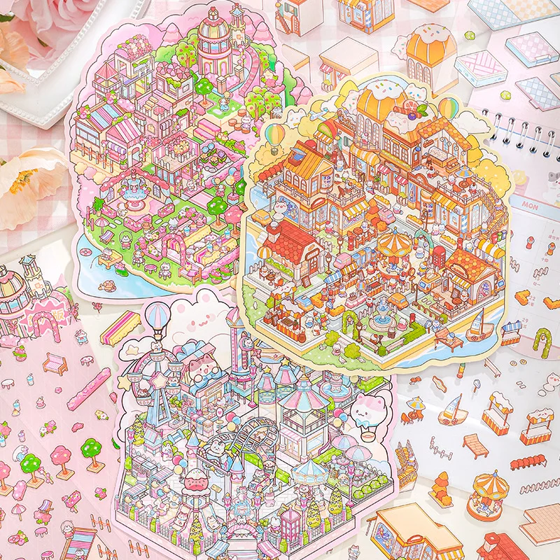 Adhesivos Decorativos 3D de Microescenas de Dream Town, Pegatinas Decorativas para Álbumes de Recortes y Diarios, sin Necesidad de Recortar